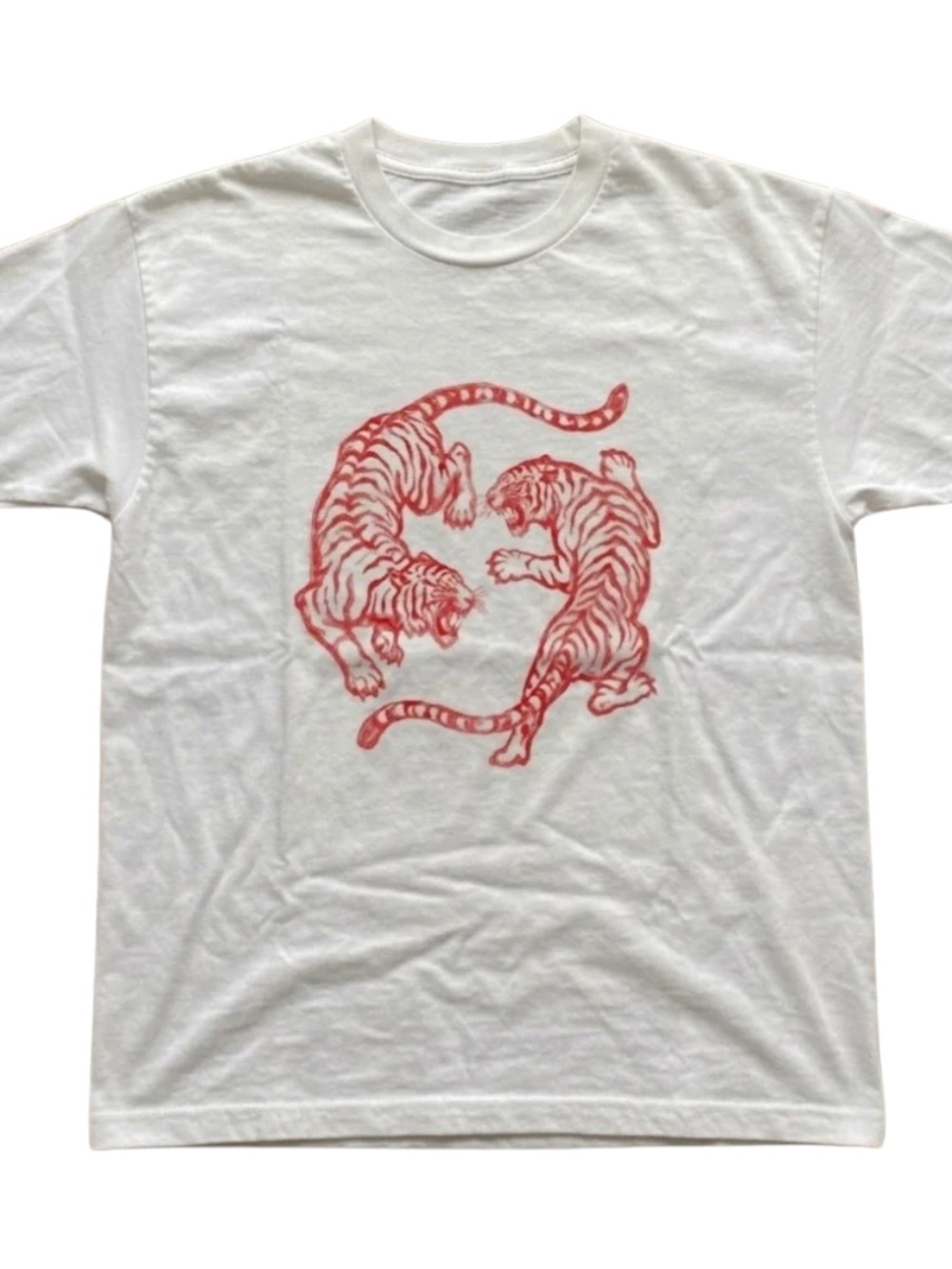 Unisex Tee Shirt | White Short Sleeve Tee with Red Tiger Duo Graphic